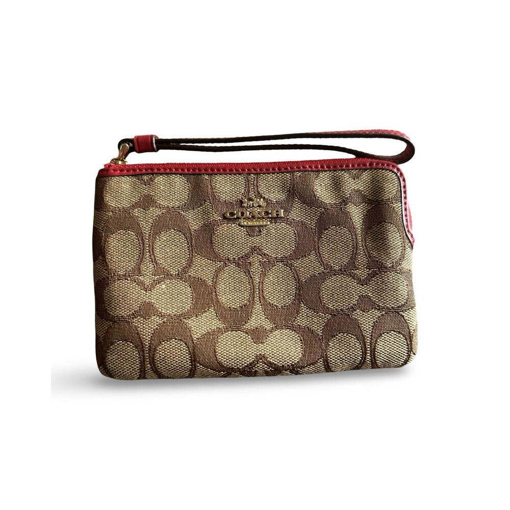 Coach Signature Corner Zip Wristlet Khaki Strawberry Gold Case